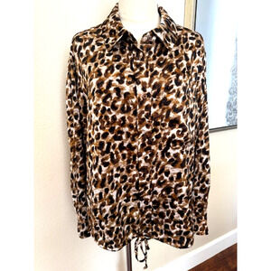 Rebecca Minkoff Blouse Womens 1X Brown Leopard Print Button Up Long Sleeve Top